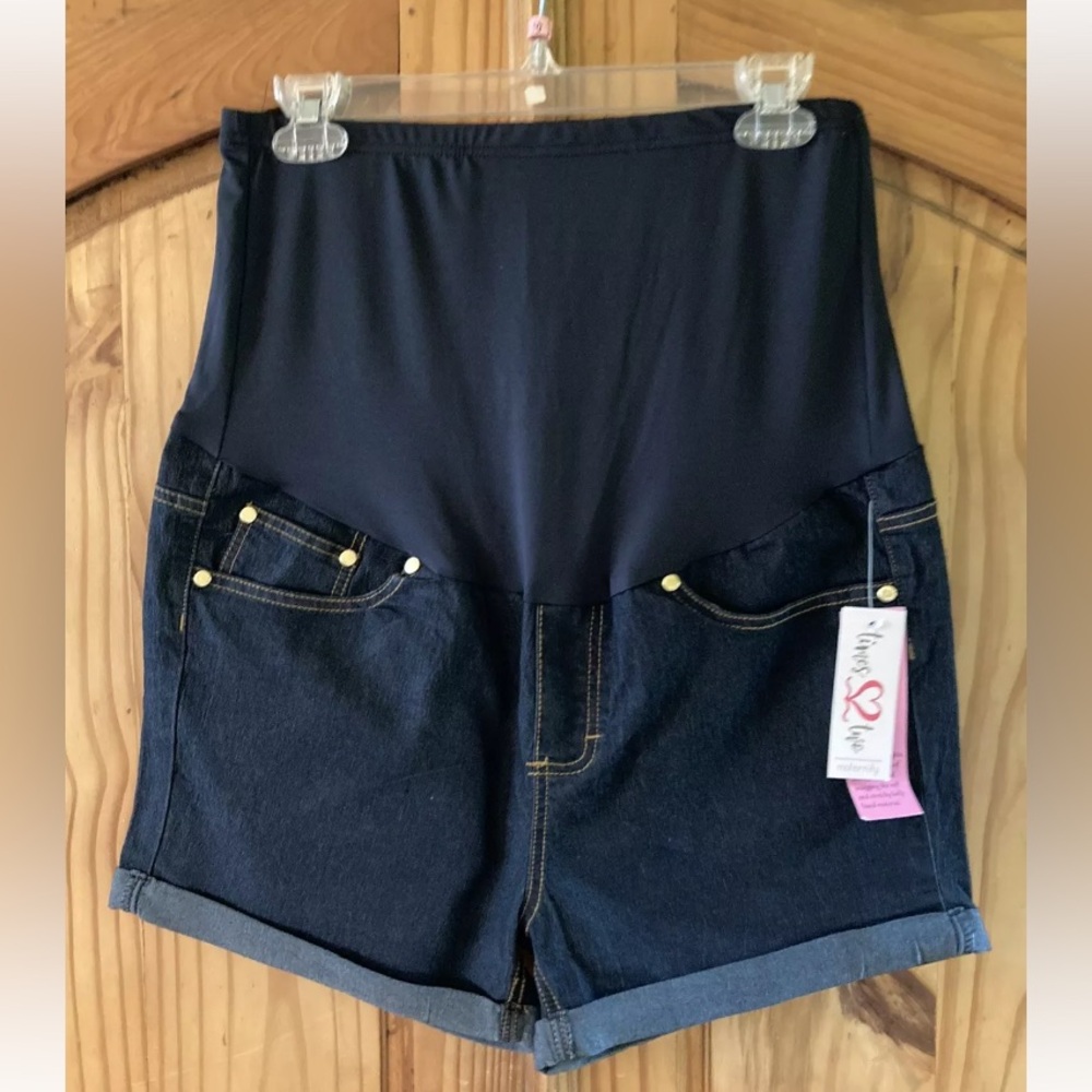 Women's Times Two Maternity full belly panel blue Jean denim shorts size L - NWT